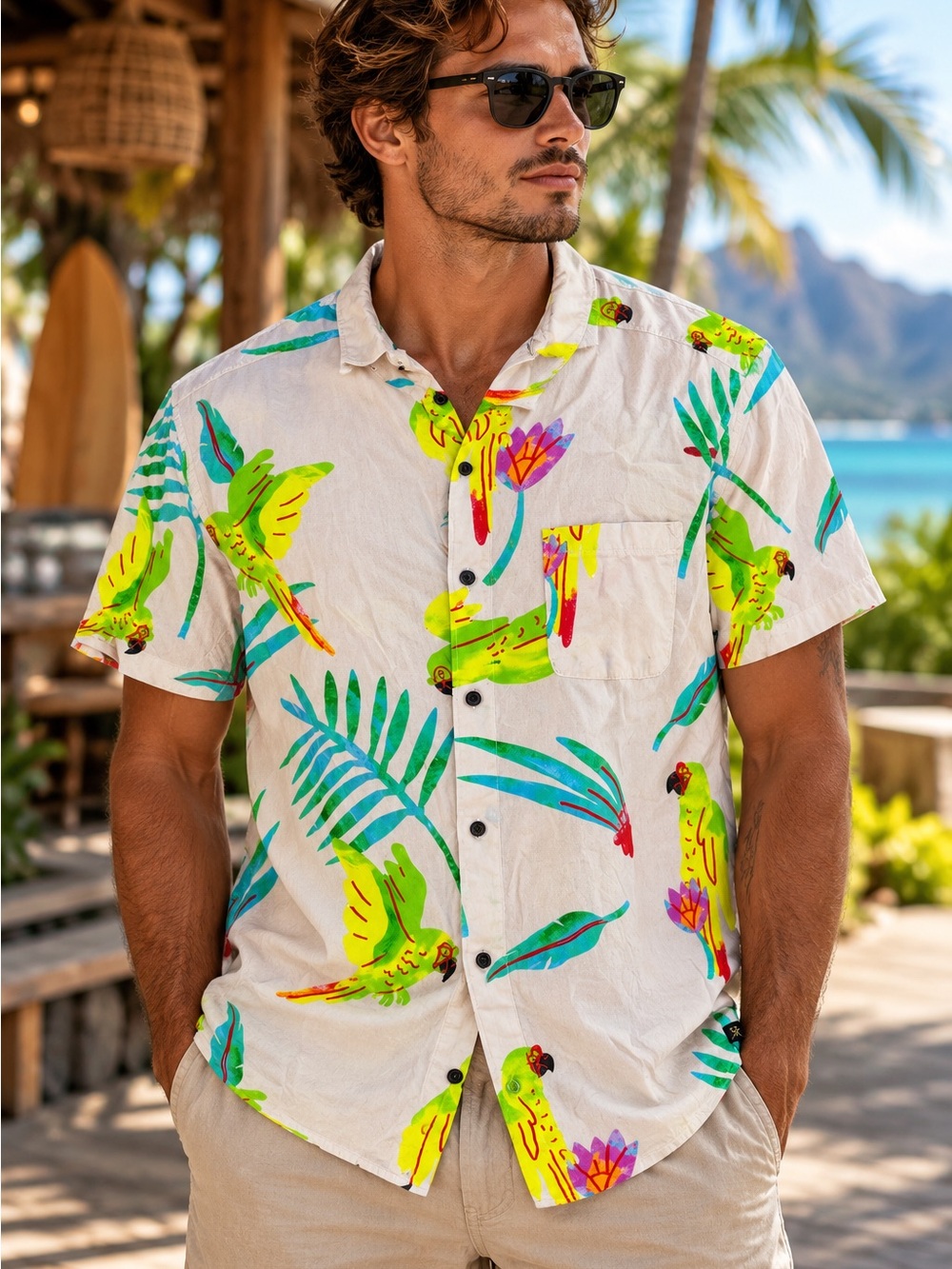 Roark White Short-Sleeve Parrot & Tropical Leaf Button-Down Shirt